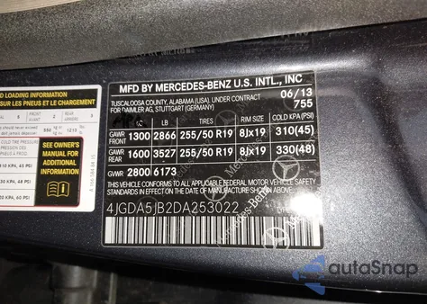 2013 Mercedes-Benz Ml 350 из США, поврежденный, VIN 4JGDA5JB2DA253022